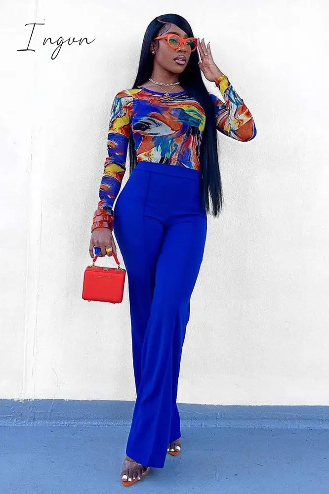 Ingvn - Spring  Autumn New Slim Solid Tone Flare Pants Fashion Korean Version Elastic Waist Street Dress Women Suit Wide Leg Pants