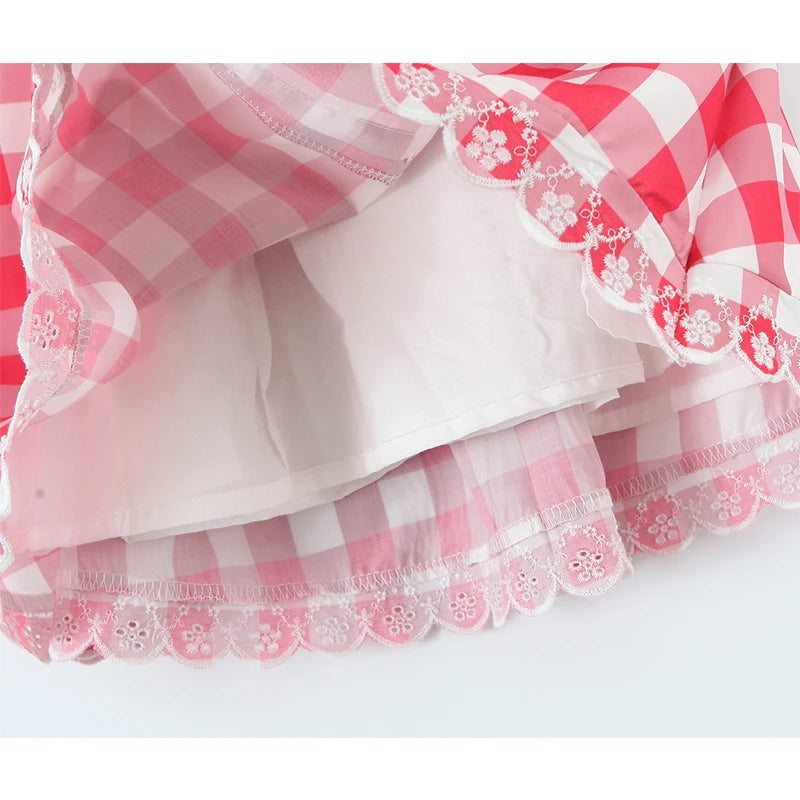 European And American Retro Sexy V Neck Red Plaid Dress Women Floral Embroidery Sleeveless A-line Mini Summer Dresses