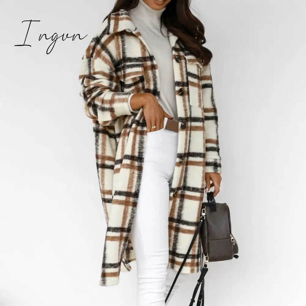 Ingvn - Lapel Single-breasted Double-pocket Plaid Coat