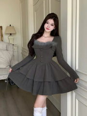 Y2K Sweet Cake Dress Korean Elegant Square Collar Birthday Party Prom Mini Dresses Female One Piece Casual A-Line Vestidos New
