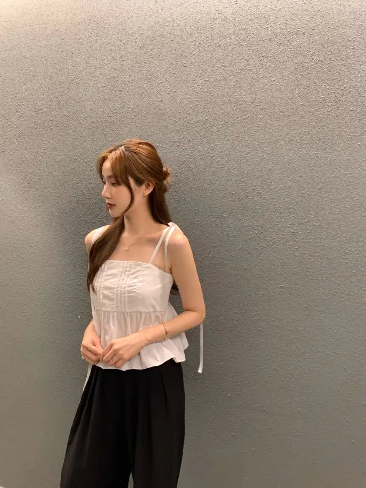 Y2k Clothes South Korea Chic Tanks Summer French Sweet One-line Shoulder Tops Chest Design Tie Bow Slimming Waistcoat