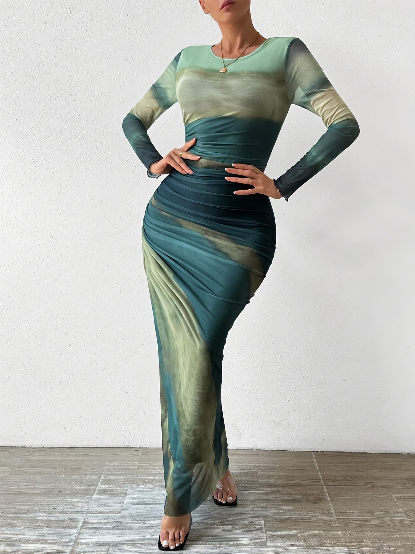 Women'S Elegant Leopard Print Sheer Tulle Long Sleeve Dress, Crew Neck Knit Polyester Spandex Blend, All-Season Tunic with Lining, 95% Polyester 5% Spandex, 92gsm Fabric Weight, 140gsm Lining Weight