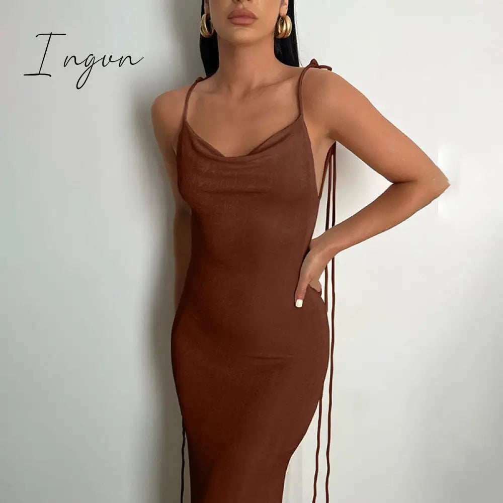 Ingvn - Sexy Hollow Out Corset Maxi Dress Party Dress Women Halter Cut Out  Wrap Split Long Dresses Summer Backless Clubwear Midi Robe