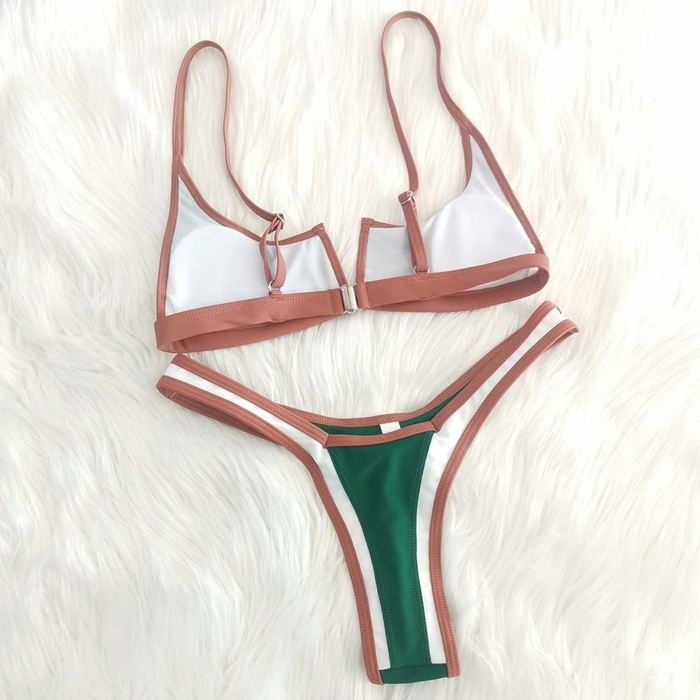 Vintage Retro Bikini Patchwork Swimsuit Thong Brazilian Sexy Swimwear Female  New Summer Micro V-bar Green Bathing Suits