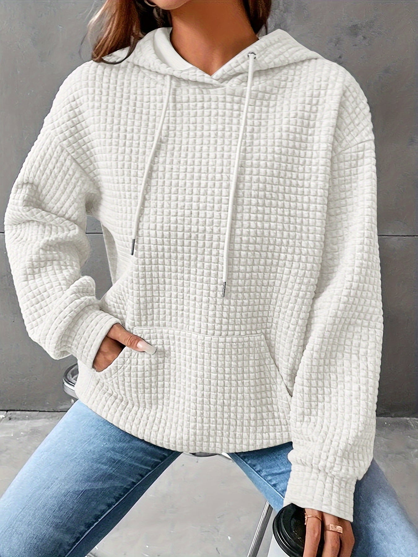 Waffle Grid Kangaroo Pocket Hoodie, Casual Long Sleeve Drawstring Hoodies Sweatshirt, Women's Clothing