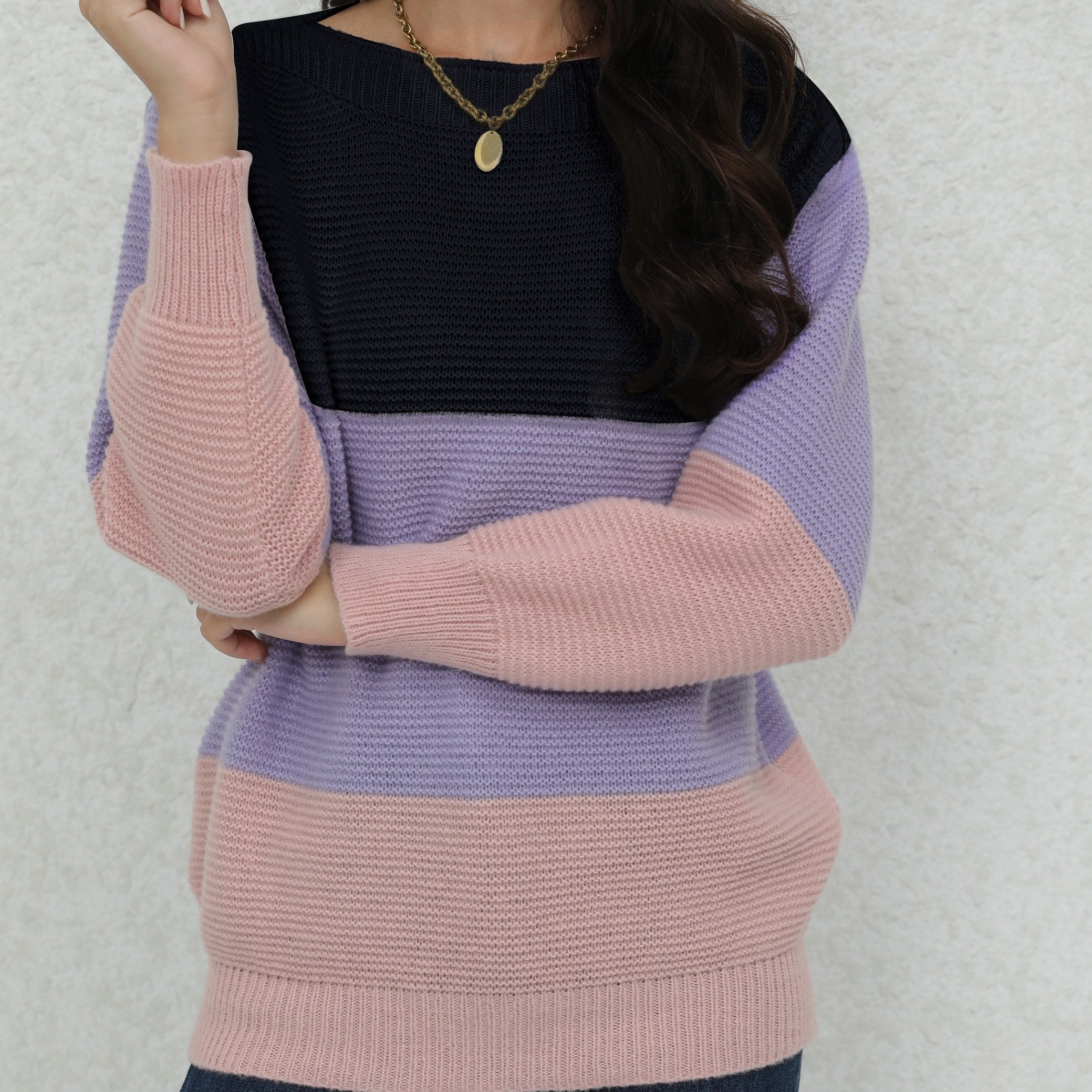 Color Block Boat Neck Pullover Sweater, Casual Long Sleeve Loose Sweater, Women's Clothing
