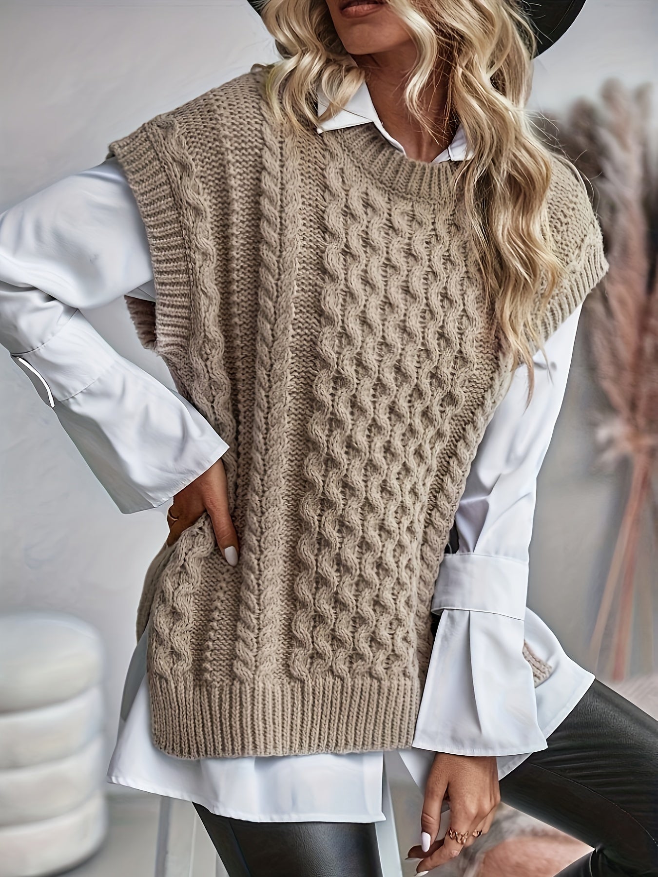 Plus Size Twist Textured Sweater Vest - Casual, Side Split, Crew Neck, Knitted, Soft, Cozy, and Chic Women's Clothing for Everyday Wear