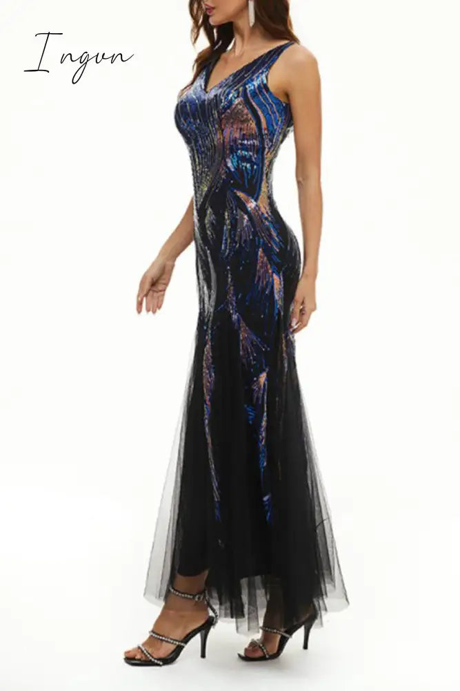Ingvn - Celebrities Elegant Color Block Patchwork V Neck Evening Dress Dresses