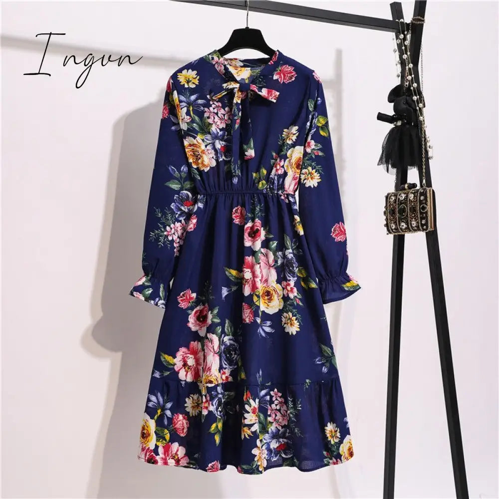 Ingvn - 11 Style Beautiful Fashion Summer Women Long Sleeve Dress Retro Collar Casual High Waist Dresses Floral Print Chiffon Clothing