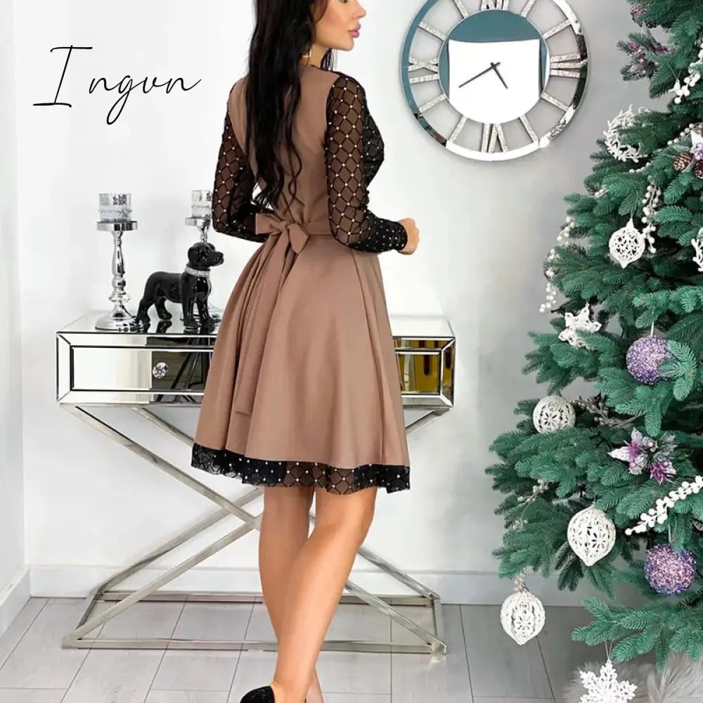 Ingvn - Spring Outfits Fashion Shiny Sequin Diamond Mesh Stitching Dress Women Spring Autumn Sheer Long Sleeve Belted Slim A Line Dresses