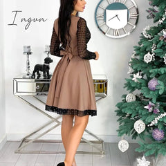 Ingvn - Spring Outfits Fashion Shiny Sequin Diamond Mesh Stitching Dress Women Spring Autumn Sheer Long Sleeve Belted Slim A Line Dresses