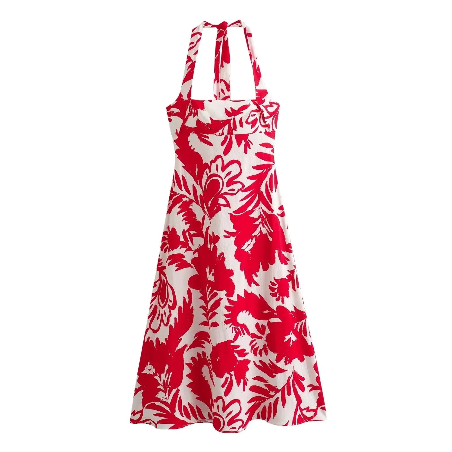 Elegant Woman Slim Backless Beach Party Long Dress Women Back Zipper Red Print Splicing Decorate Halter Neck Dress