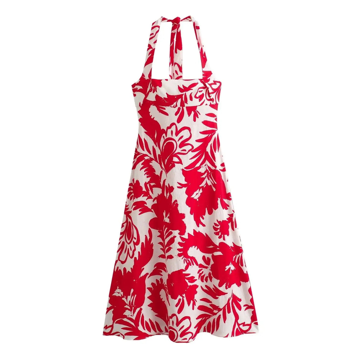 Elegant Woman Slim Backless Beach Party Long Dress Women Back Zipper Red Print Splicing Decorate Halter Neck Dress