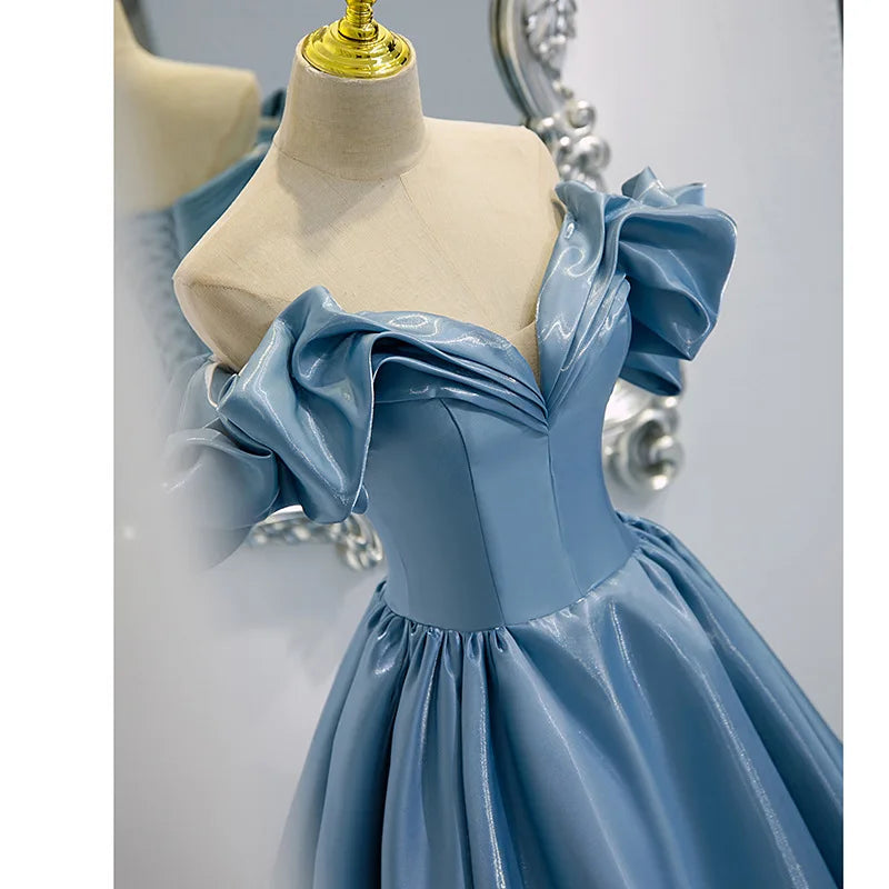 New High-End Feel Off-Shoulder Blue Satin French Style Evening Dress For Women's Formal Performance Costume