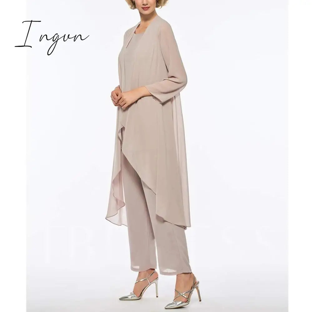 Ingvn - Mother of the Bride Dresses Plus Size Dress Blazer Champagne Chiffon Pantsuit 3 Pieces Wedding Party Guest Gown Dress