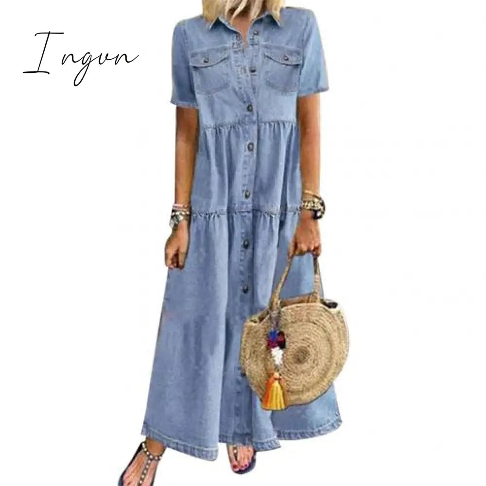 Ingvn - Plus Size 3xl Women Summer Denim Dress Retro Women Short Sleeve Turn Down Collar Pockets Button Long Loose Denim Dress