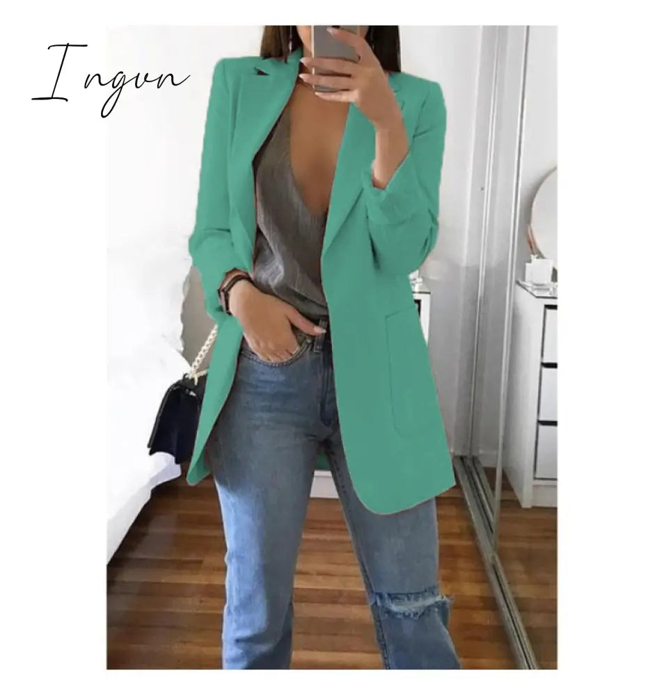 Ingvn - Fashion Korean Casual Women's Blazer Spring Autumn Long Blazer Women Suit Outwear Slim Coats Office Ladies Blazer Work Jacket