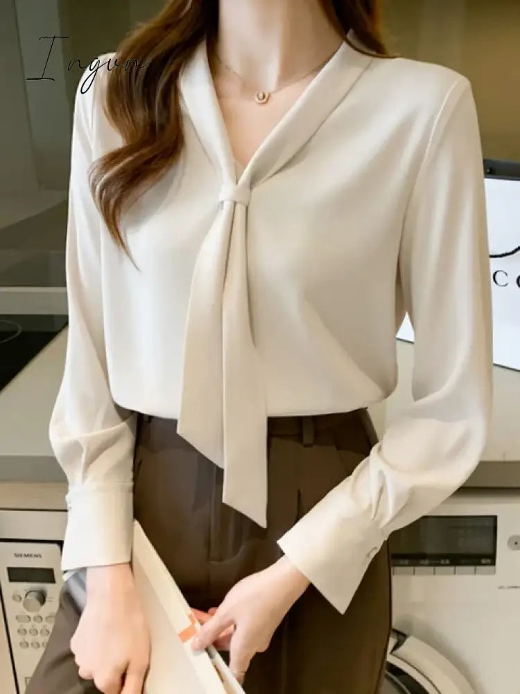 Spring Fashion New Elegant Bow Women Shirt Vintage White Lady Long Sleeves Blouses Female Casual Streetwear Tops Clothes