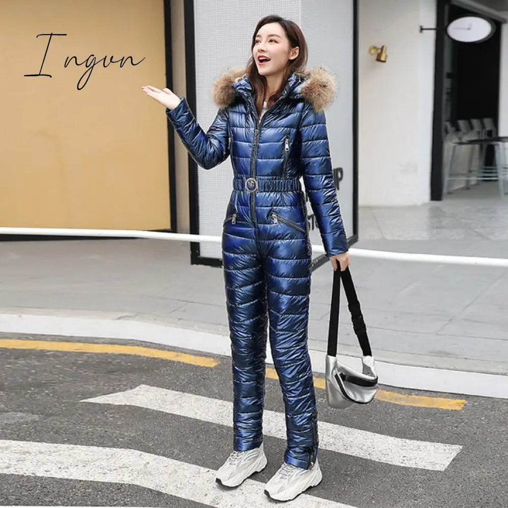 Ingvn - One Piece Ski Suit Women Jackets Winter Hooded Parka Jumpsuit Women Cotton bodysuit Sashes Jumpsuits Zipper Overalls Tracksuits