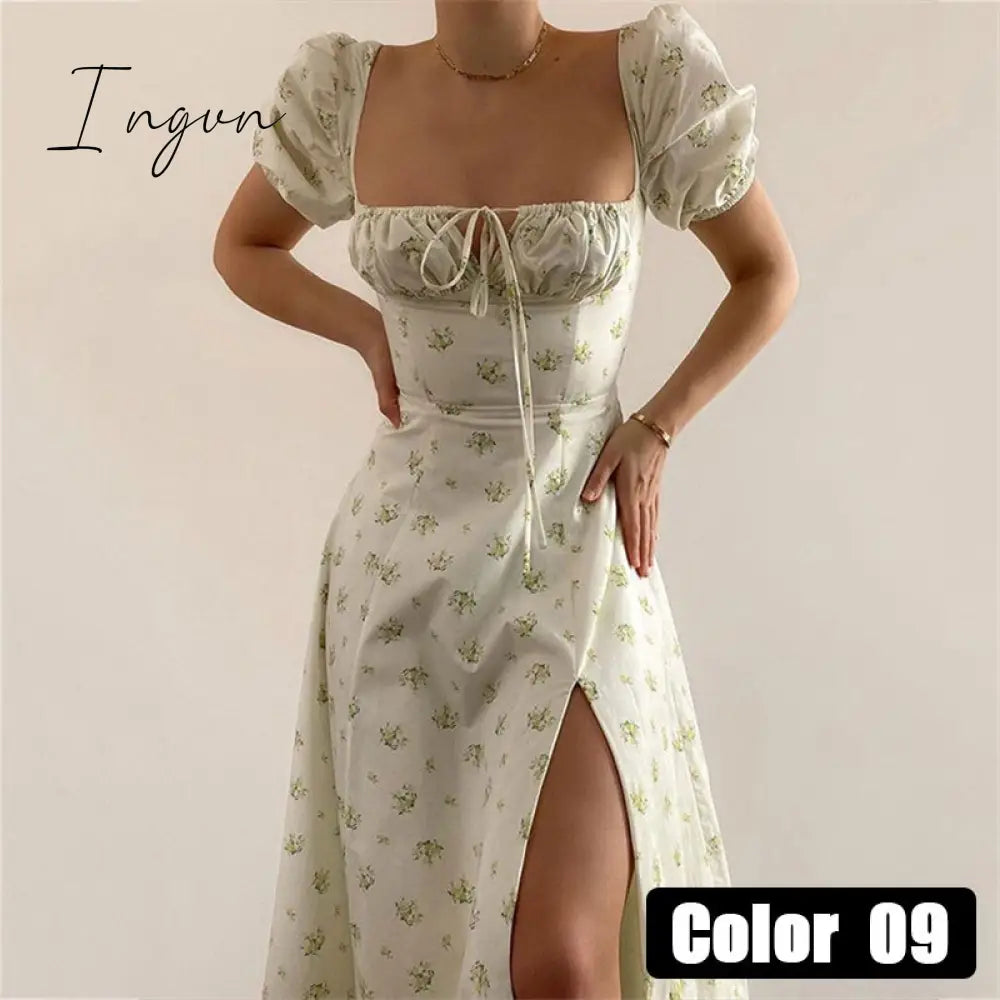 Ingvn - womens fashion Vintage Square Collar Printed Dress Women Sweet Puff Sleeve Slim Long Casual Split Spring Summer Floral Dress Ladies New