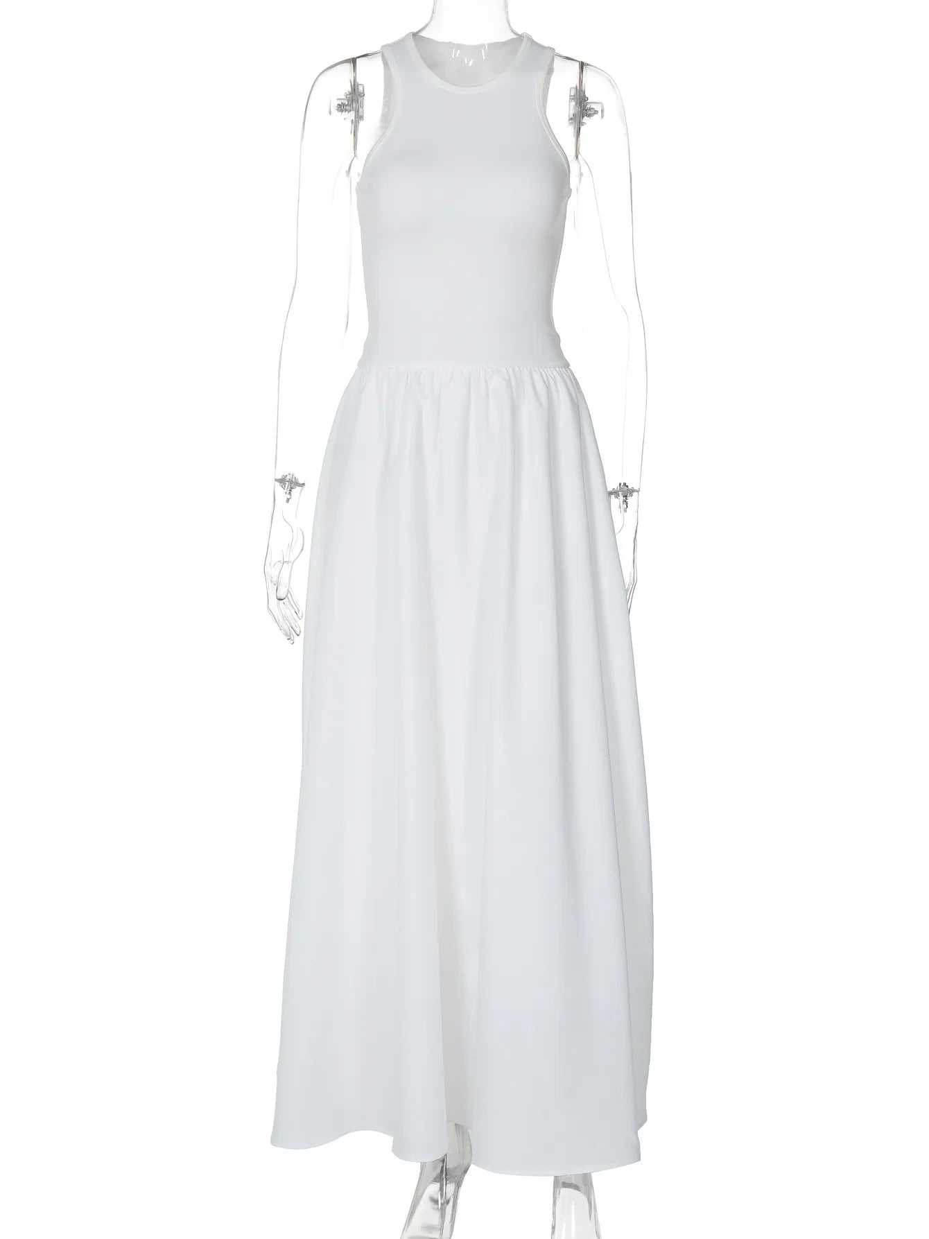 Ingvn  Fashion O-neck Sleeveless Long Tank Dresses for Women White  Summer Casual Office Lady High Waist A-line Black Holiday Dress