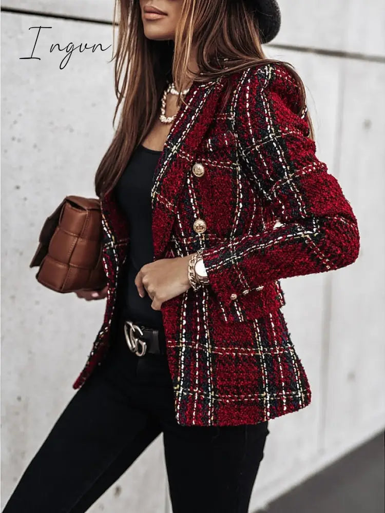 Ingvn - Women's Blazer Tweed Plaid Long Sleeve Coat Fall Winter Business Double Breasted Regular Jacket Green Brown XL 2XL 3XL