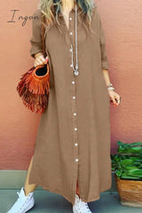 Ingvn - Casual Simplicity Solid Buckle Turndown Collar Shirt Dress Dresses