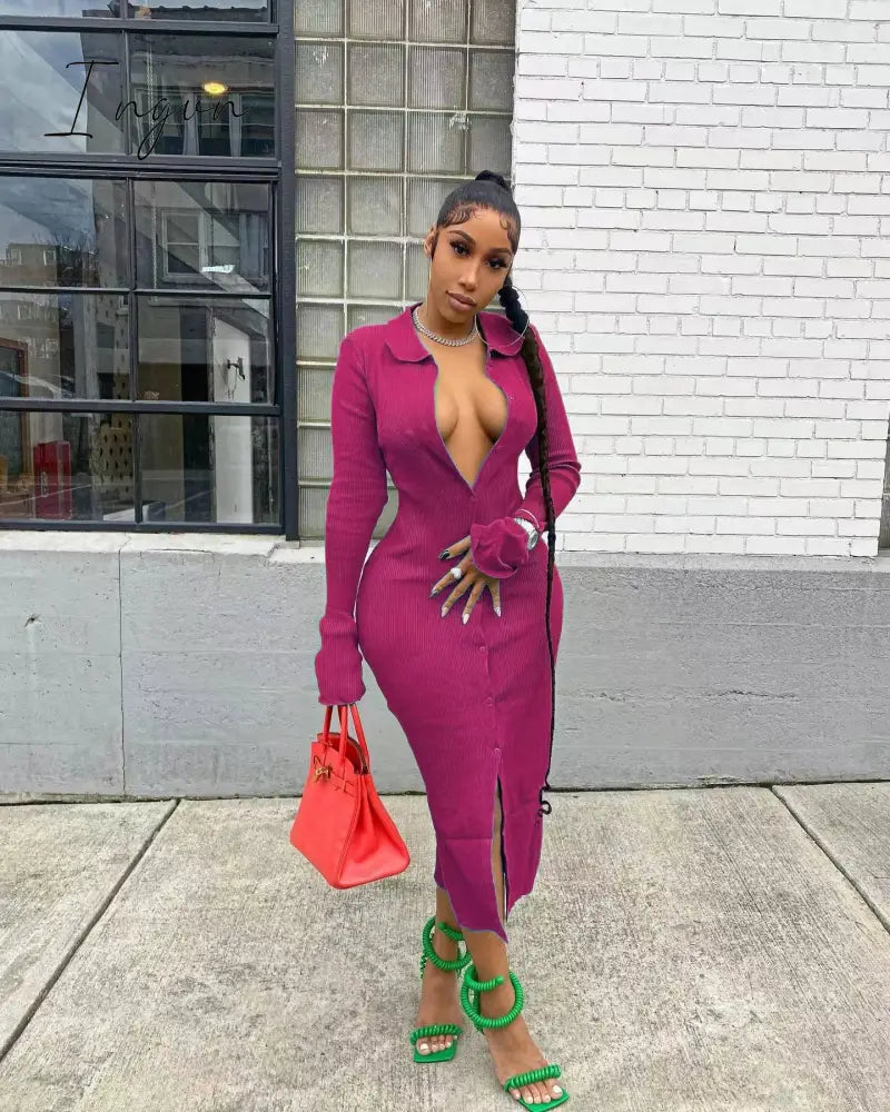 Ingvn - Womens Fashion Long Sleeve Knitted Button Midi Dress Turn Down Collar Slim Sexy Dresses Autumn Ribbed Robe Women Clothing Vestidos
