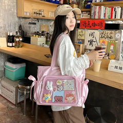 Ingvn  Sweet Ribbon Satin Bow Tote Bag Ballet Style Original Comic Handbag Beautiful Double Large Capacity Student Shoulder Bag