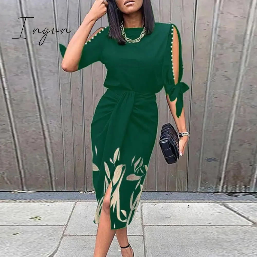 Ingvn - Vintage Print Elegant Women Folds Slim Dress Casual Hollow Out Patchwork Half Sleeve Dress Female Summer Round Neck Party Dress