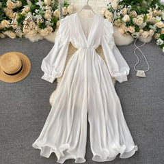 Ingvn - Spring Outfits Women Women's Sexy Pleated Romper Autumn Solid Purple/Black/White Jumpersuit Female Ruffle Wide Leg Draped Playsuits Female New