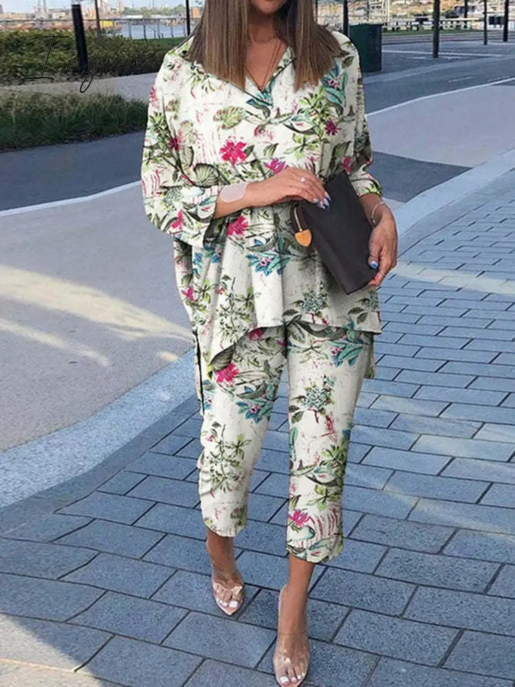 Ingvn - Summer Outfits Vintage Floral Print Casual Outfits Women Summer Long Sleeve Blouse And Pants Sets Cotton Linen Female Elegant Two Piece Suits