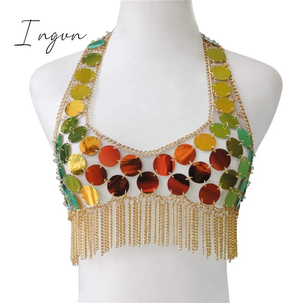 Ingvn - Trends Fashion Gradient Color Shiny Sequins Dots Two Piece Set Low Cut Backless Sleeveless Crop Tops Tassel Mini Skirt Sexy Beach Outfits