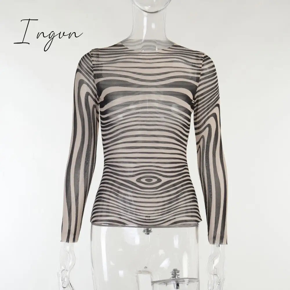 Ingvn - Autumn Mesh Zebra Striped Sets Women 2 Piece Suit T-shirt + Long Pants See-through Sexy Co-ord Set Female Tracksuit Costume