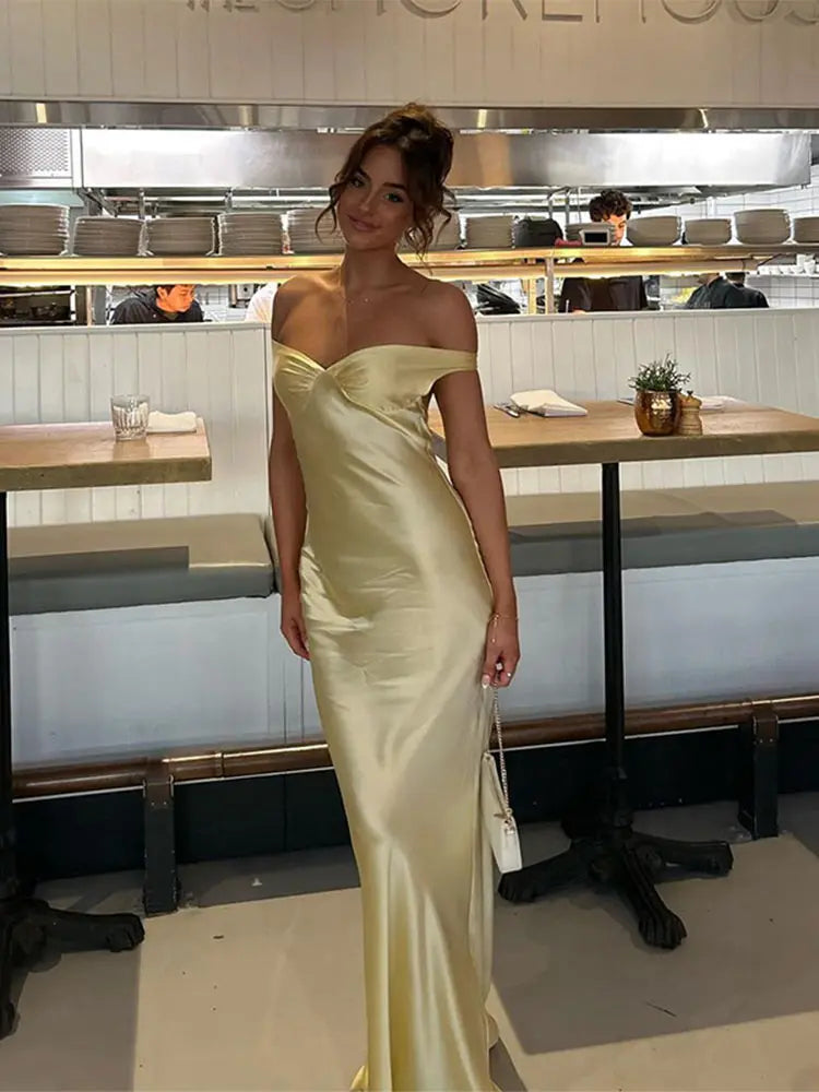 Elegant Satin Backless Party Maxi Dress For Women Fashion Off Shoulder Sleeveless Slim Long Robe New Lady Chic Evening Gown