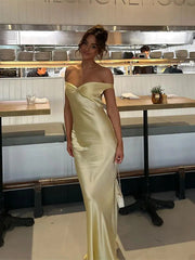 Elegant Satin Backless Party Maxi Dress For Women Fashion Off Shoulder Sleeveless Slim Long Robe New Lady Chic Evening Gown