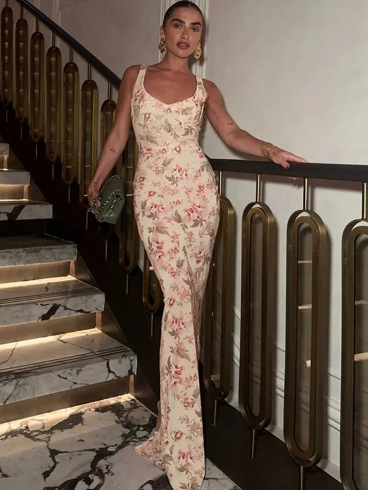 Backless Print Sexy Maxi Dress For Women Fashion Sleeveless High Waist Bodycon Club Party Sexy Slit Dress Elegant