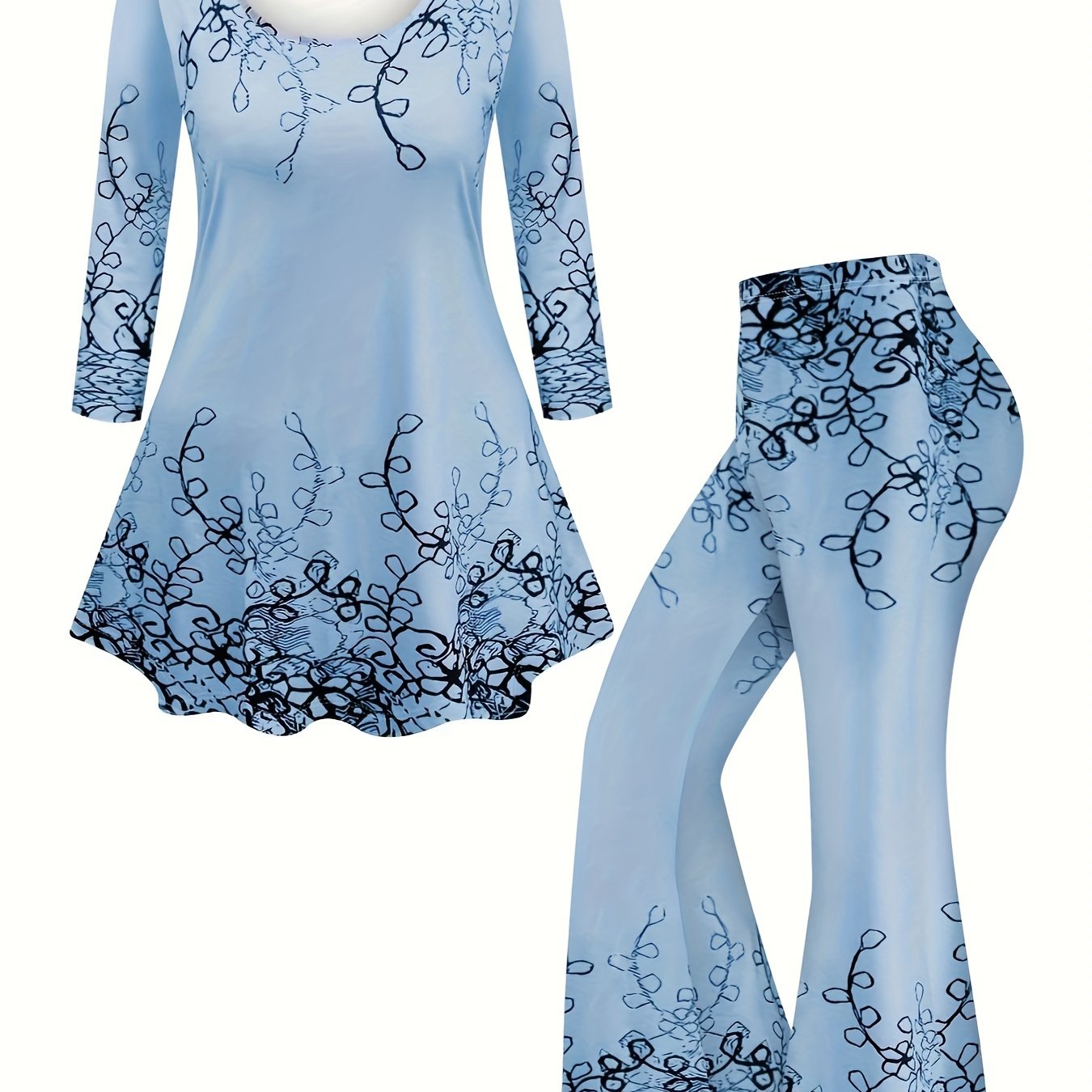Plus Size Womens Fashion Plant Print T-Shirt & Flare Pants Set - Casual Comfort-Fit Outfit, Round Neck Long Sleeve Top with Trendy Flare Leg Bottoms for Stylish Seasonal Wear