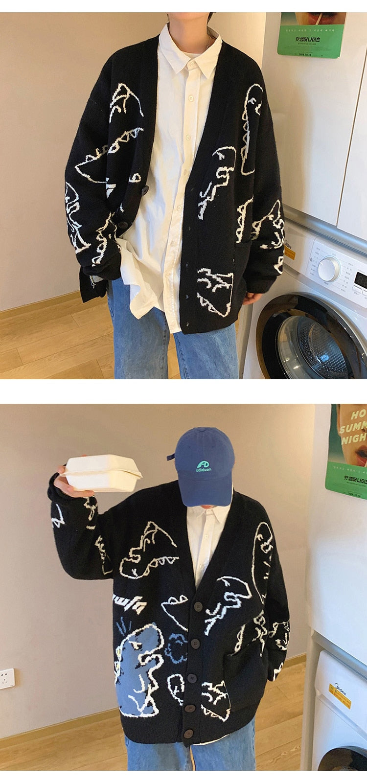 Oversized Cardigan Knitted Sweater Streetwear Loose Male Top Coat Hip Hop Sweater Cartoon Pattern Pullovers