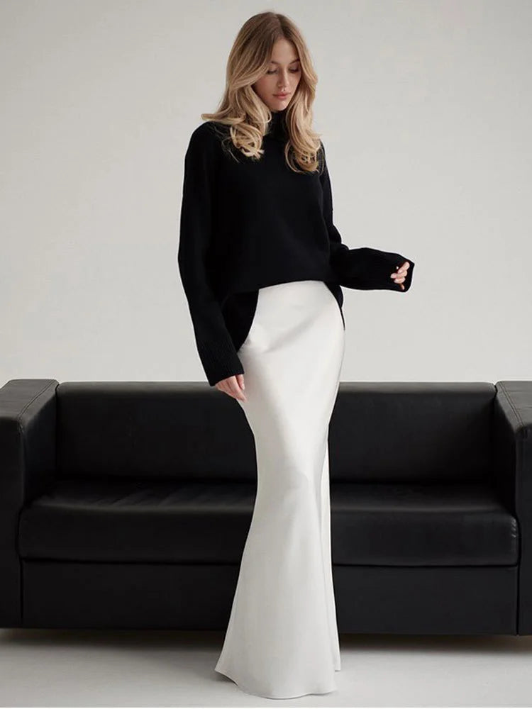 Summer Satin High Waist Long Skirt Female Slim Patchwork Fashion Elegant Streetwear Casual Solid Maxi Skirt Clothes