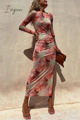 Ingvn - Casual Vintage Gradual Change Print See-through O Neck Long Sleeve Dresses
