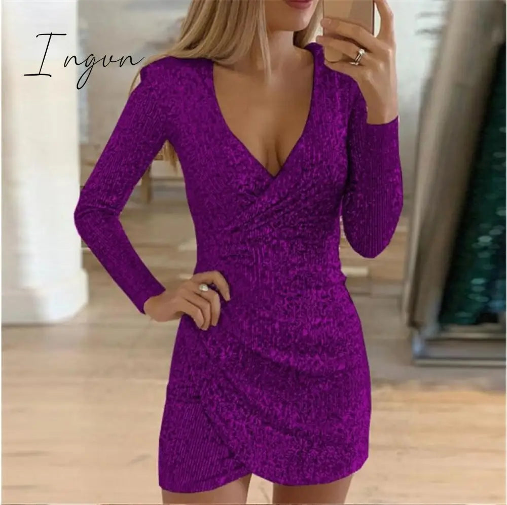 Ingvn - New Sexy Women Dress Sequins Glitter Women V-neck Long Sleeve Self Cultivation Dresses Elegant Ladies Party Dress