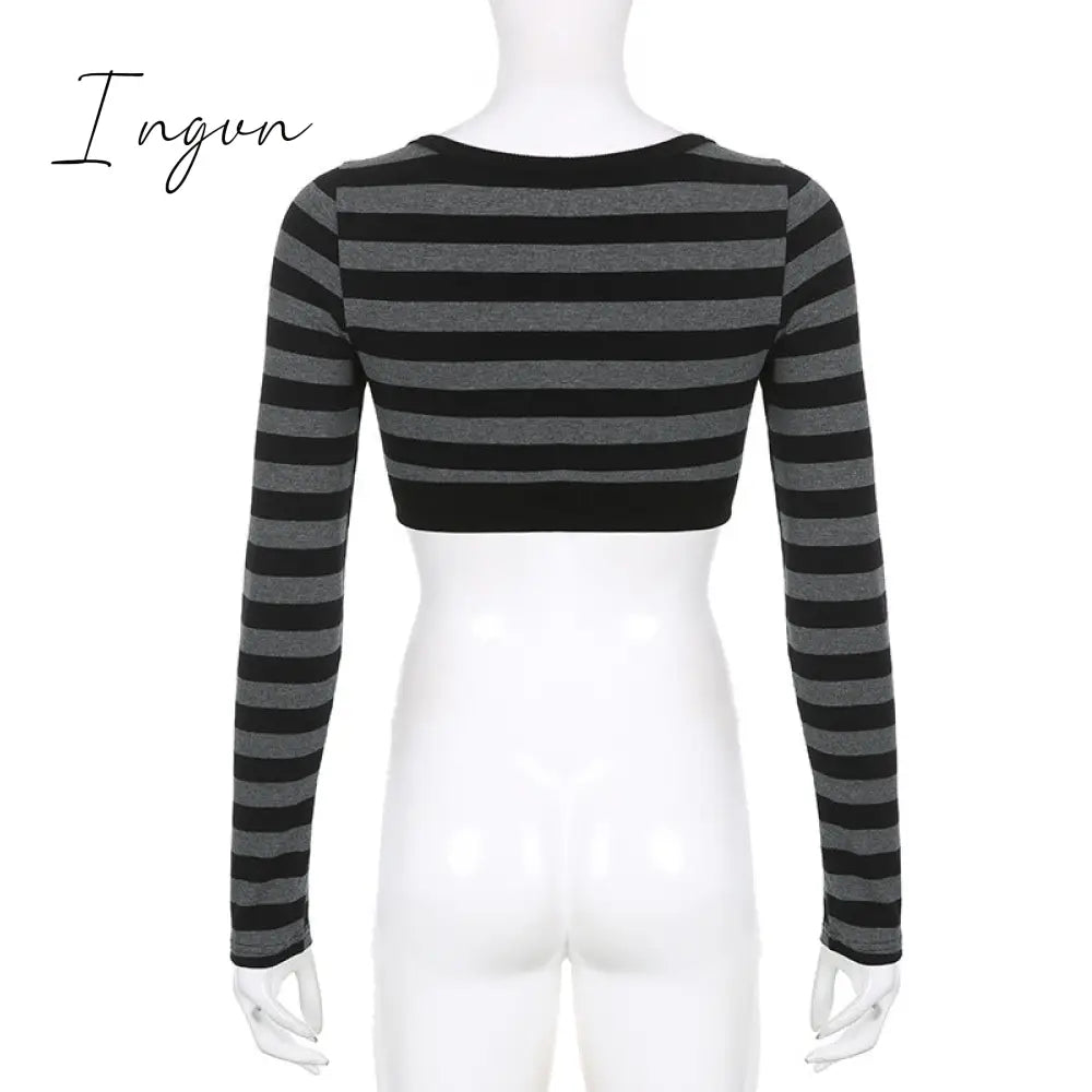 Ingvn - Y2K Striped Crop Top Button Knitted Full Sleeve T Shirt V Neck Vintage Grunge Tee Autumn Winter Women Harajuku Outfits
