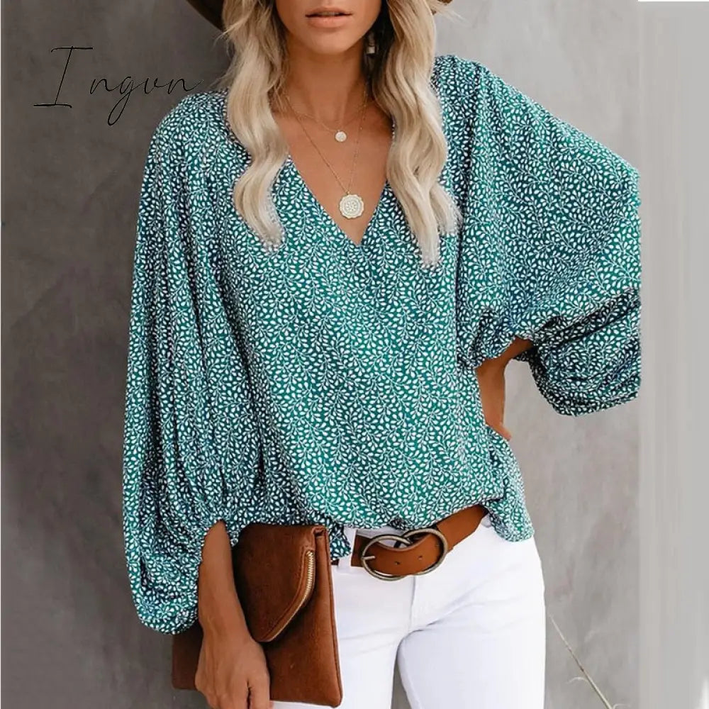 Ingvn - Summer Outfits Female Streetwear Oversized XXXL Tops Blusa Summer V Neck Long Lantern Sleeve Blouse Casual Women Printing Loose Elegant Shirts