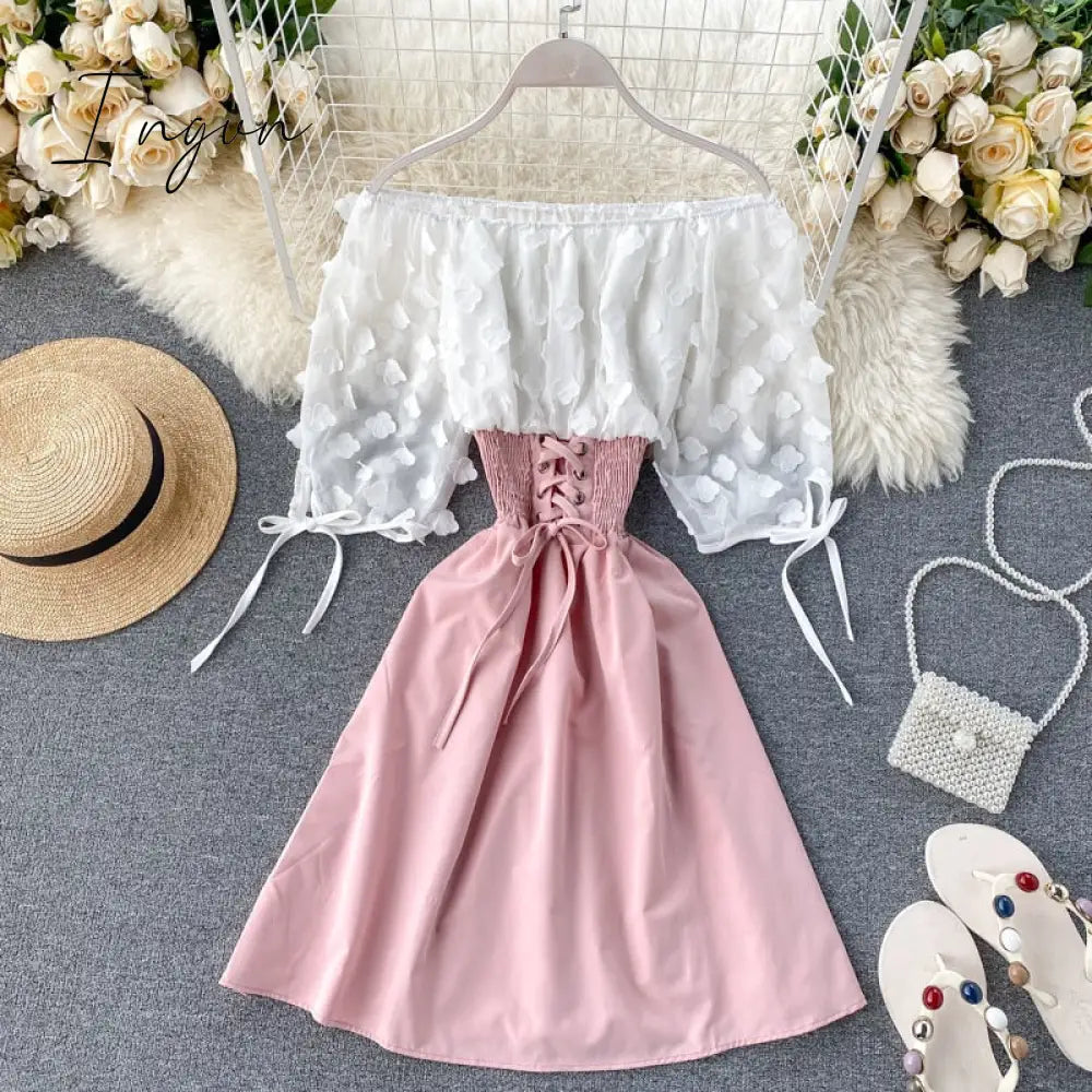 Ingvn - Spring Outfits Sexy Off Shoulder patchwork Summer Short Dress Party flower chiffon Slim waist lace up Women casual A-Line beach dress