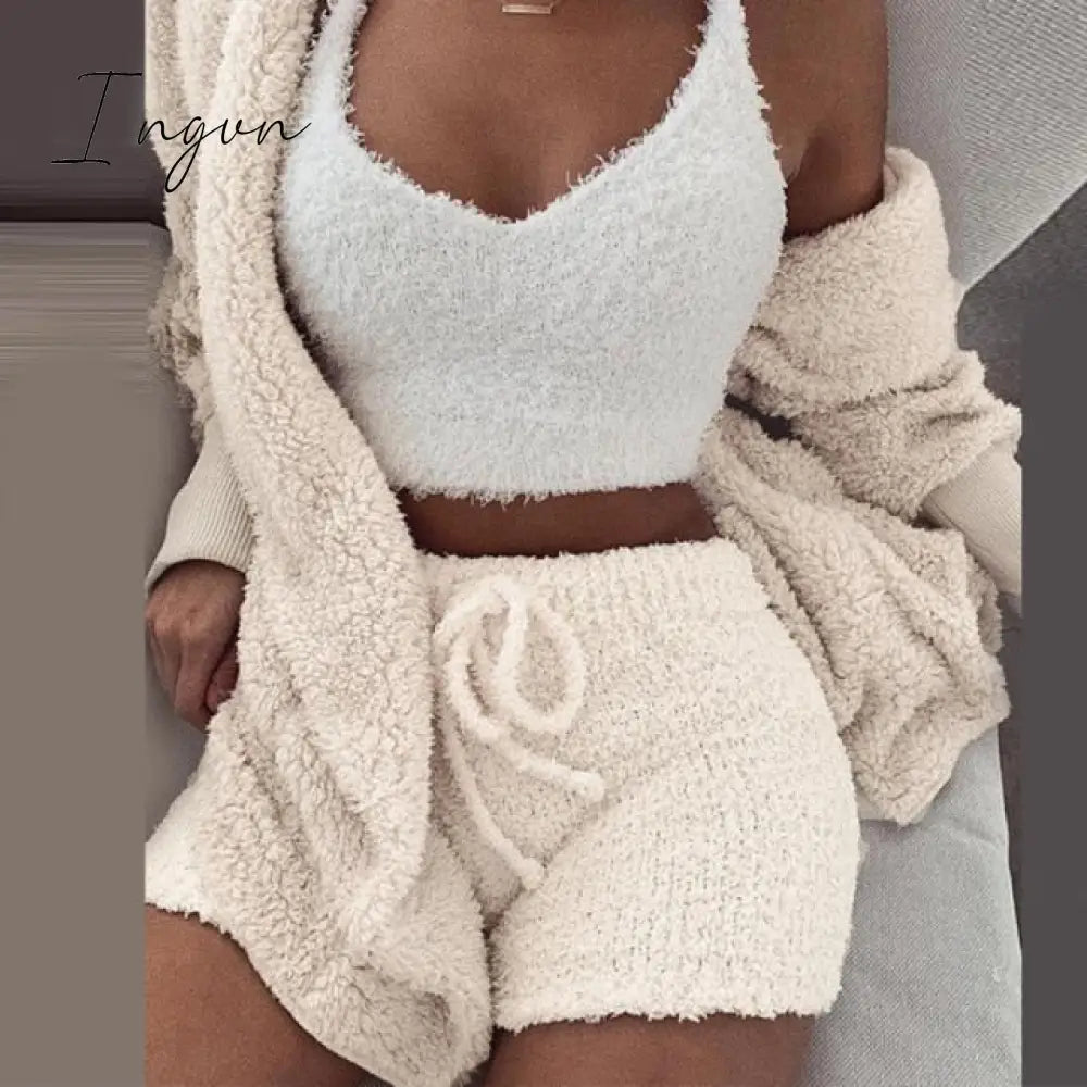 Ingvn - Three Piece Sexy Fluffy Outfits Plush Velvet Hooded Cardigan Coat+Shorts+Crop Top Women Tracksuit Sets Casual Sports Sweatshirt