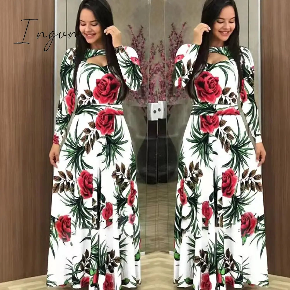 Ingvn - S- 5XL Plus Size Elegant Oversized Tunic Women Dress Bohmia Flower Print Maxi Dresses Fashion Hollow Out Long Vestidos
