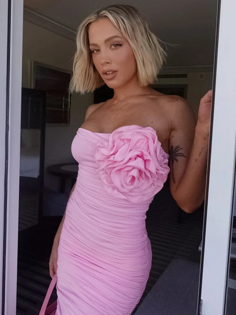 Ingvn  Elegant Womens Flower Flower Decoration Pink Dress  Sexy Strapless High Waist Tunics Shirring Slit Mid-calf Evening Dresses