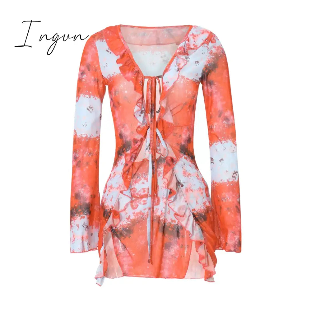 Ingvn - Women Mini Dress Long Sleeve Lacing Tie-dye Print Patchwork Slit Bodycon Dress for Club Party
