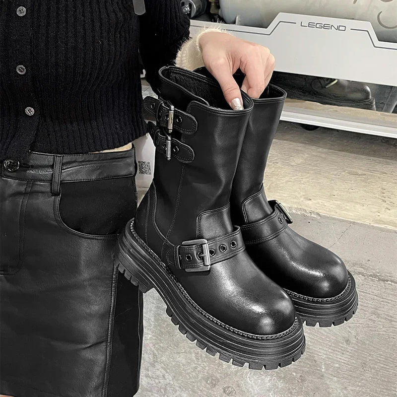 Ingvn  Winter Women Motorcycle Boots Fashion Belt Buckle Short Booties Ladies Elegant Thick Heels Botas Mujer